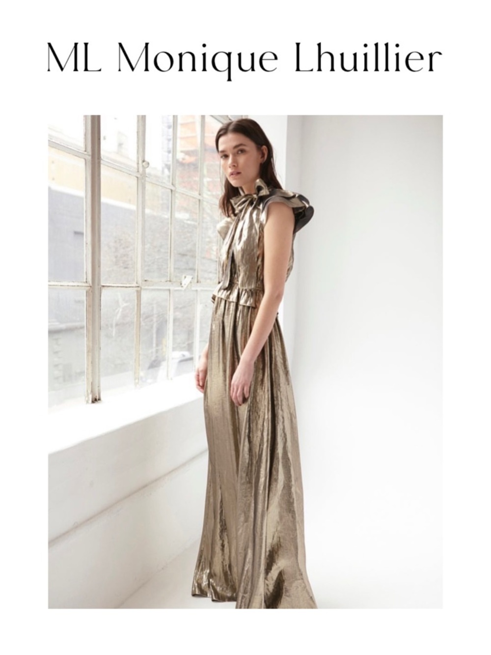 ML Monique Lhuillier Flutter Sleeve Tie-Neck Metallic Gown